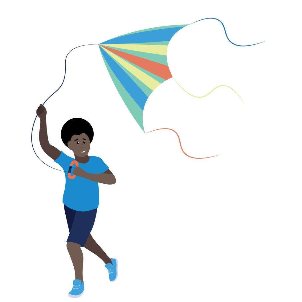 Portrait of a black boy who runs with a kite in his hands, flat vector, isolate on a white background, outdoor games vector