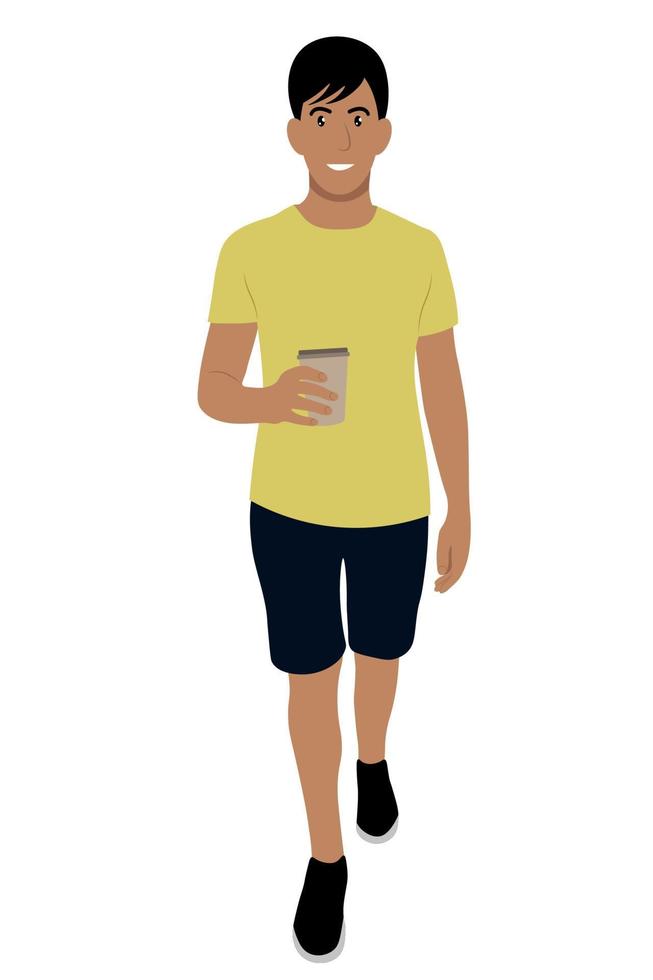 Full length portrait of a indian guy who walks with a paper cup of coffee in his hand, vector isolated on a white background, coffee to go