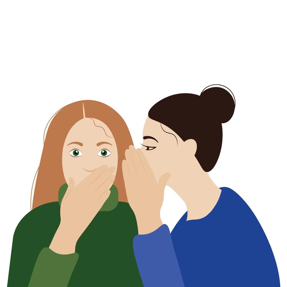 Portrait image of two girls who gossip, flat vector, isolate on a white background, one girl says something in the ear of the other vector