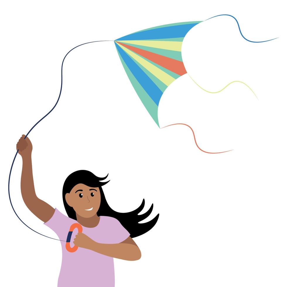 Portrait of a indian girl with a kite in his hands, flat vector, isolate on a white background, outdoor games vector