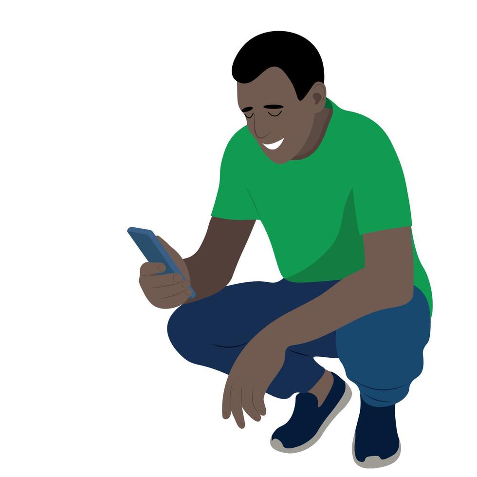 Portrait of a black guy who is squatting with a phone in his hand, vector isolated on a white background, the guy looks at the smartphone