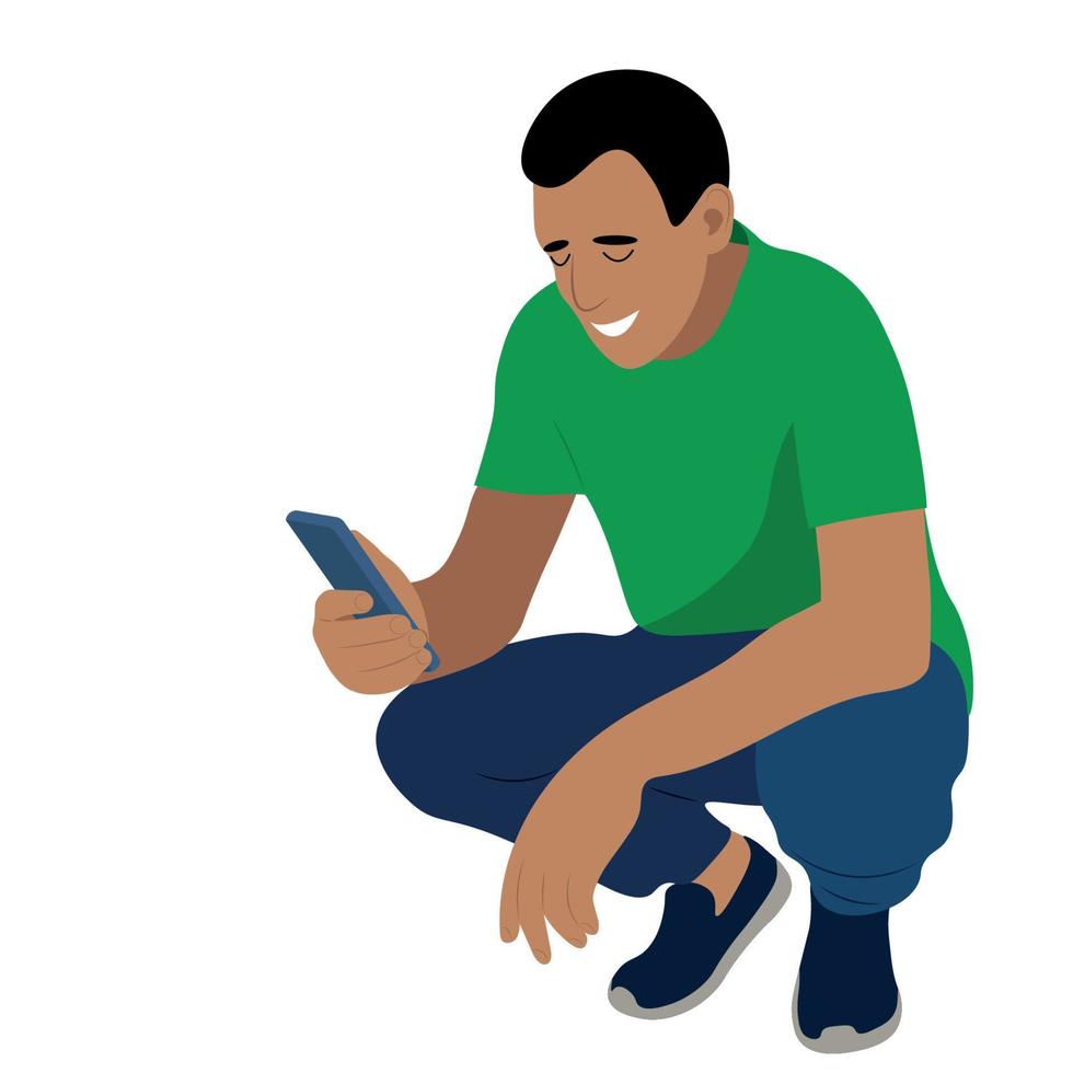 Portrait of a indian guy who is squatting with a phone in his hand, vector isolated on a white background, the guy looks at the smartphone