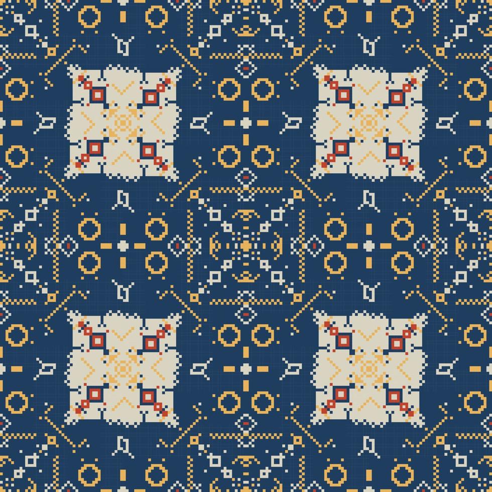 blue ethnic pattern with pixel and geometric seamless square in for fabric pattern vector