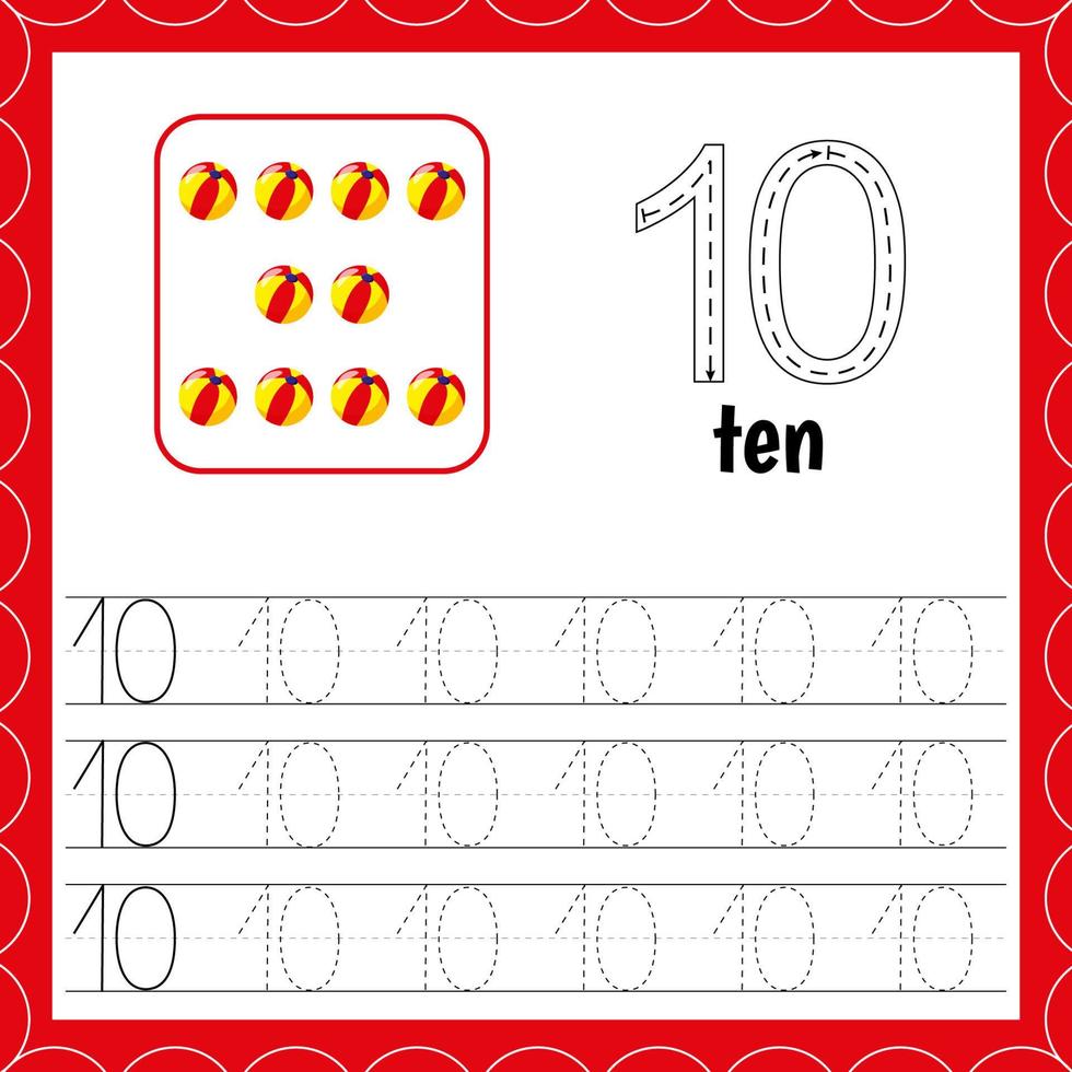 Cards with numbers for children. Trace the line. For kids learning. Count andwrite. Number ten. Count balls. vector