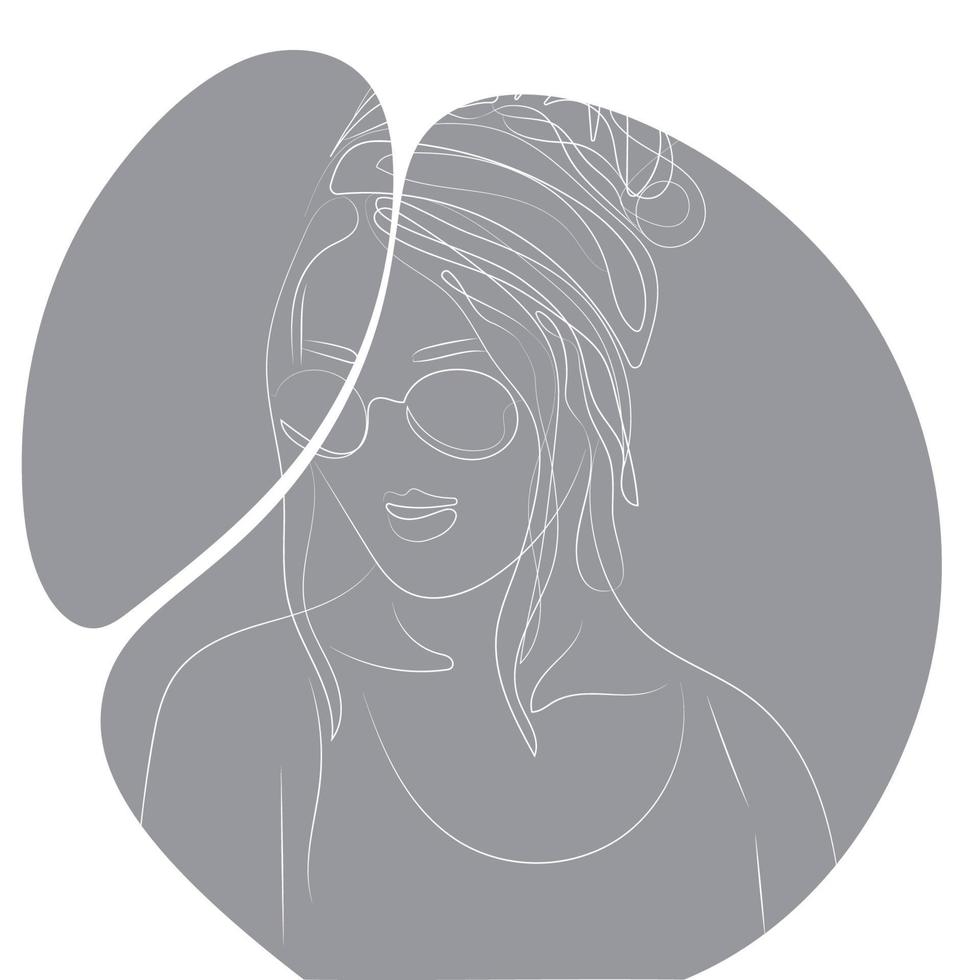 Continuous line art portrair with sunglasses. Women's face in one line art style. Vector illustration
