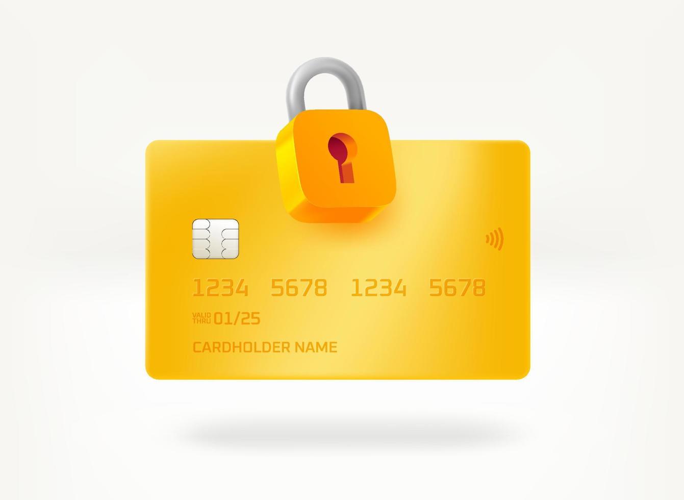 Plastic premium banking card with golden lock. 3d vector illustration