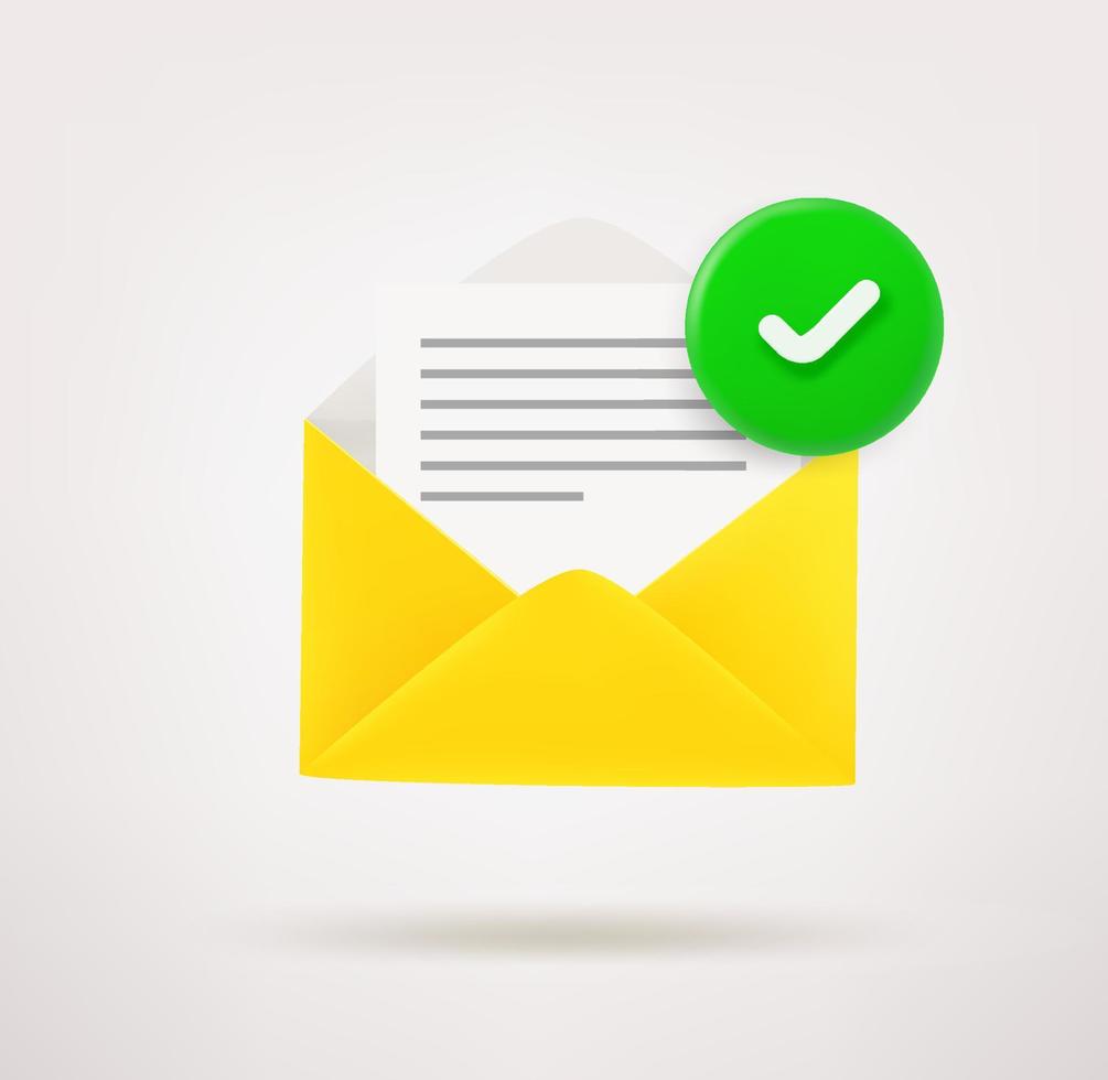 Opened envelope with checkmark. 3d vector icon