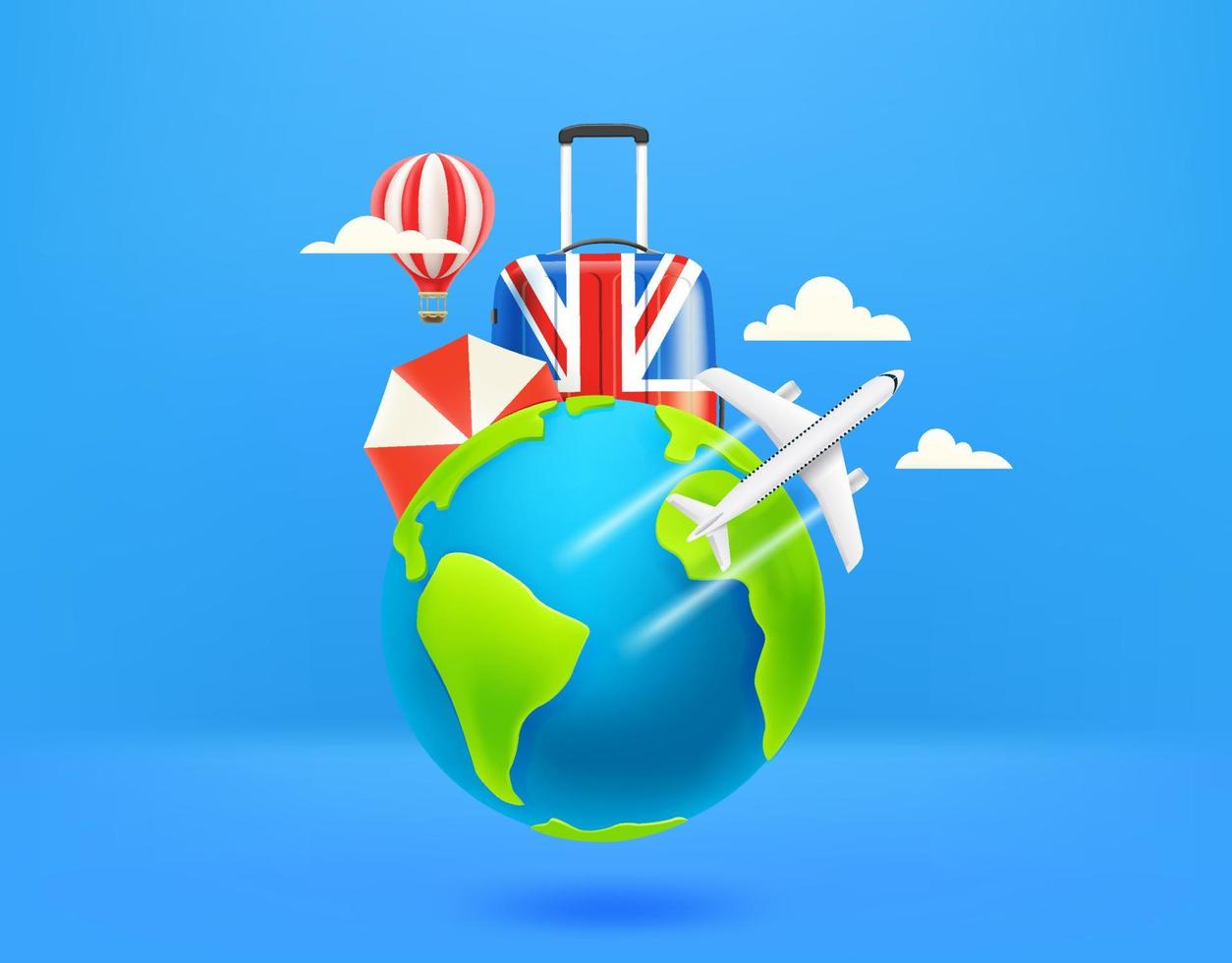 Around the world tour concept with the Earth, airplane and travel accessories. Vector 3d illustration