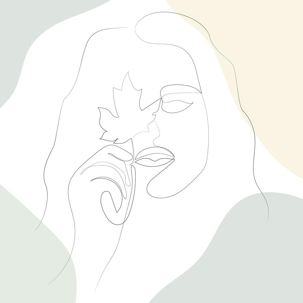 Beautiful woman in the style of one line art, holds a sheet of maple in front of her face. vector