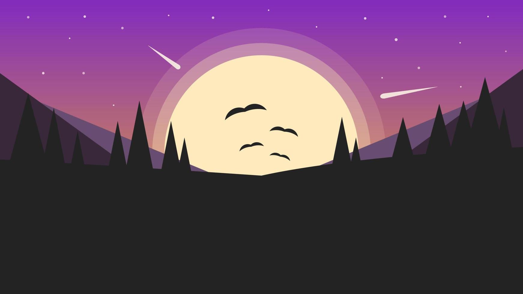 hermoso paisaje con un gran sol poniente y estrellas contra el fondo de árboles oscuros y colinas. los pájaros vuelan en la distancia. ilustración vectorial vector