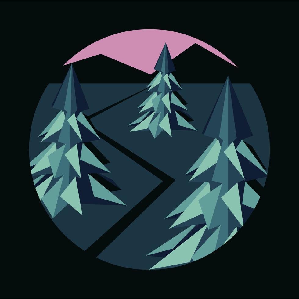 Graphic stylish illustration in a circle. Evening landscape with Christmas trees, road and mountains. Concept of ecology, saving the environment, travel vector