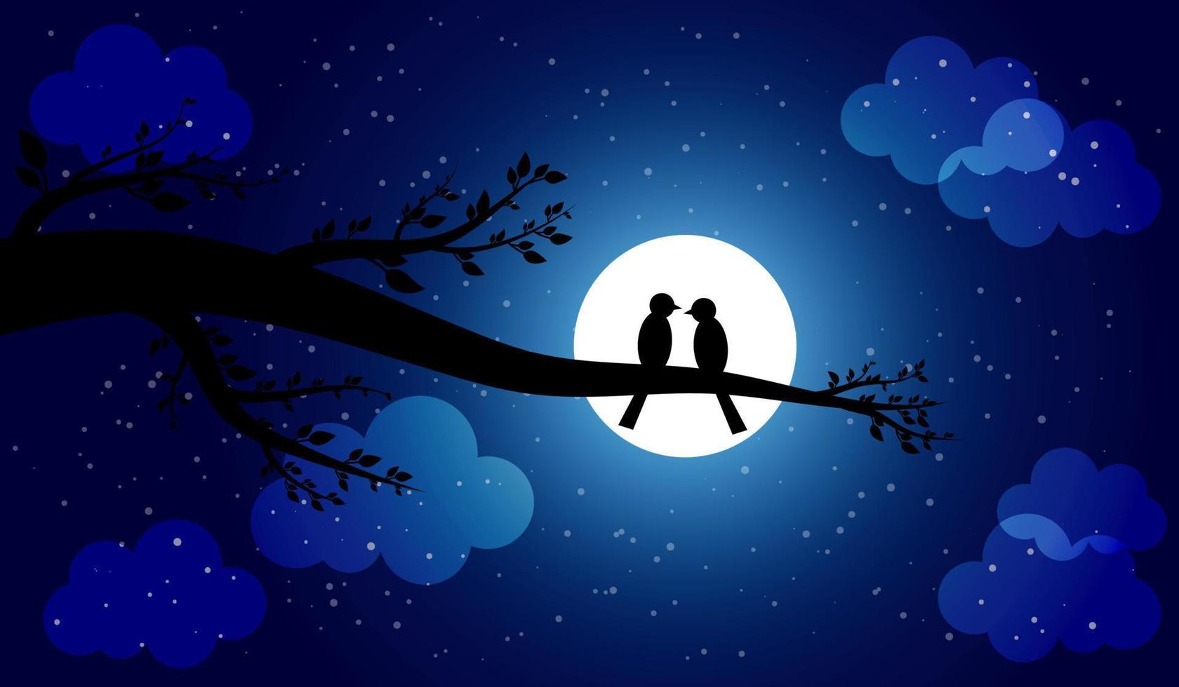 Two birds sit together on a branch on a dark starry moonlit night vector