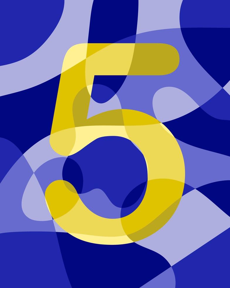 Number 5 of abstract smooth rounded shapes. Contrasting yellow number on a blue background vector