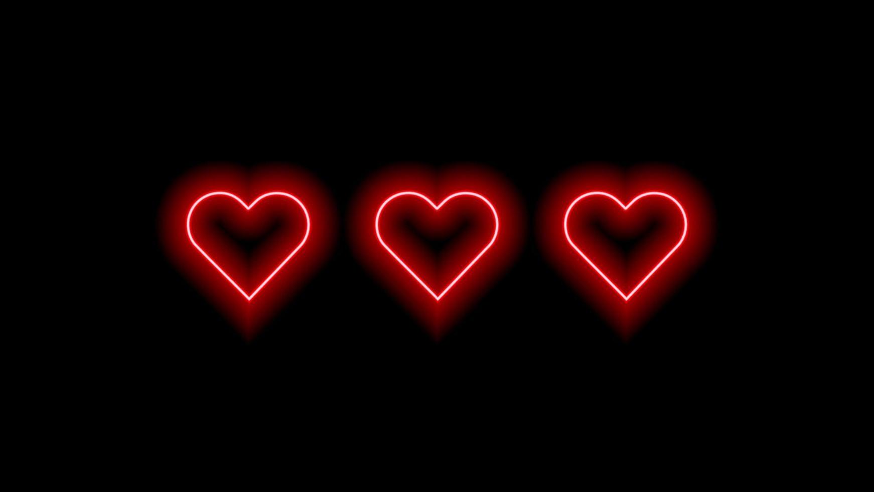 Three red neon hearts on black. Luminous elements for your design. vector