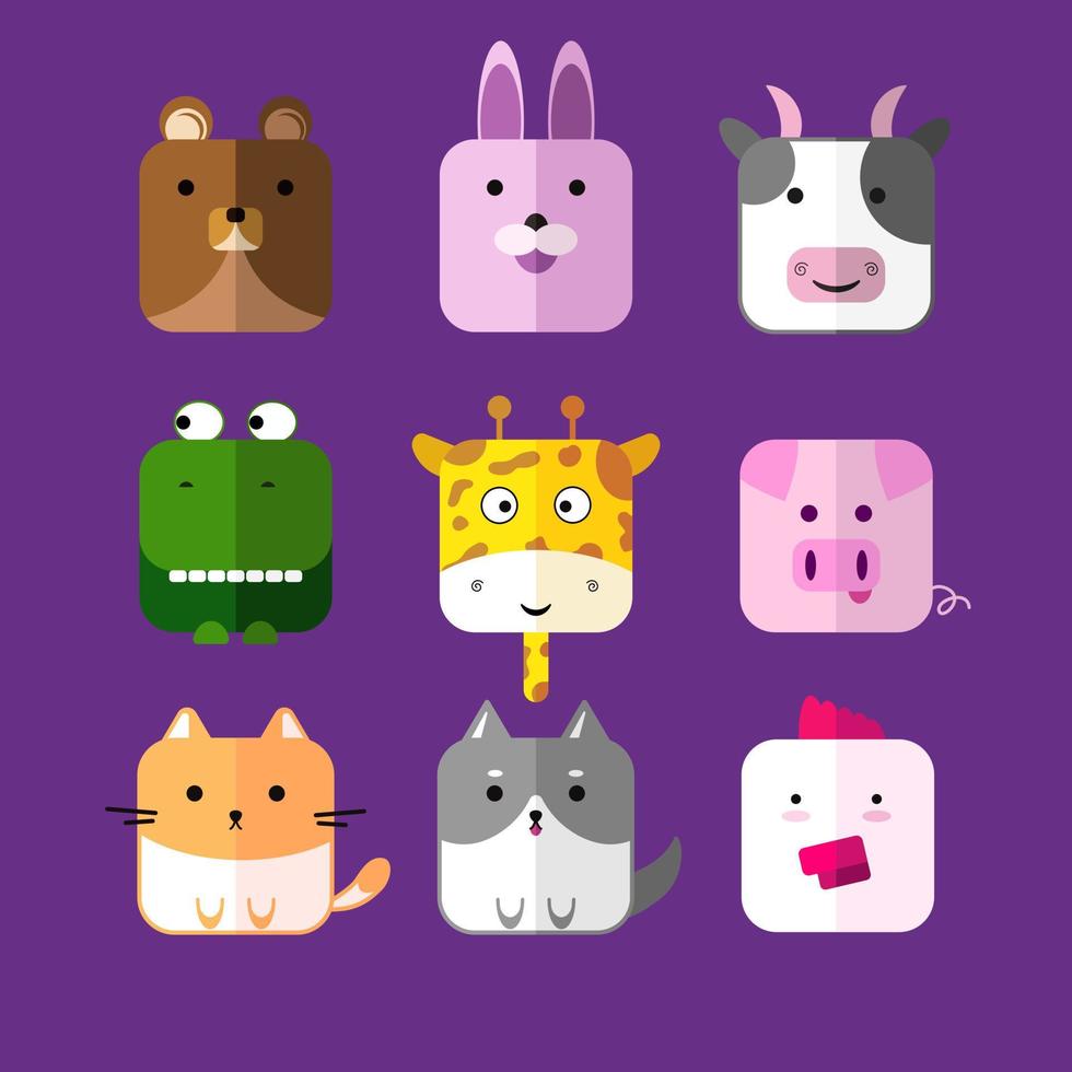 conjunto de forma cuadrada de cabeza de animales de dibujos animados lindo. oso, conejo, vaca, dinosaurio, jirafa, cerdo, gato, perro, pollo vector