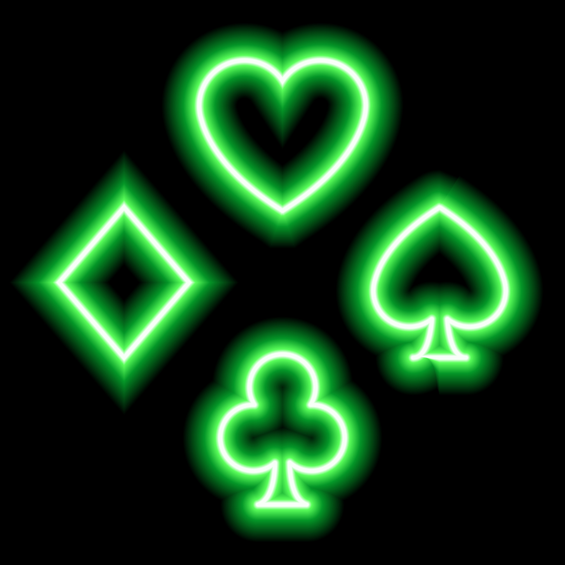 Green neon symbols of card suits. Hearts, diamonds, clubs, spades. Suit ...