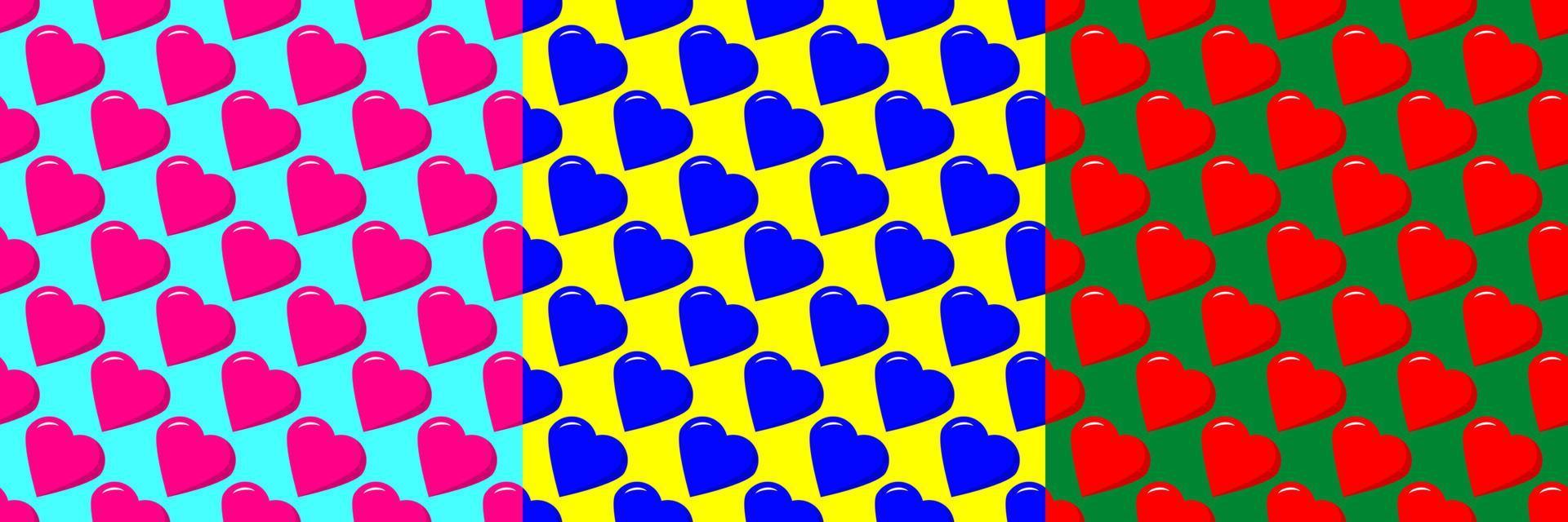 Set of seamless colorful patterns of staggered hearts. vector