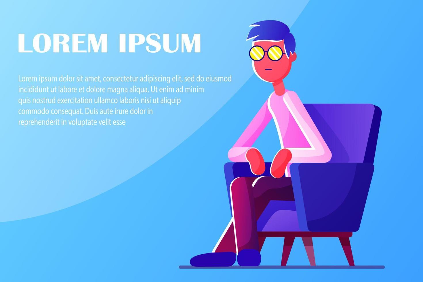 Banner with a pensive young man in glasses sitting in a chair. With text template vector