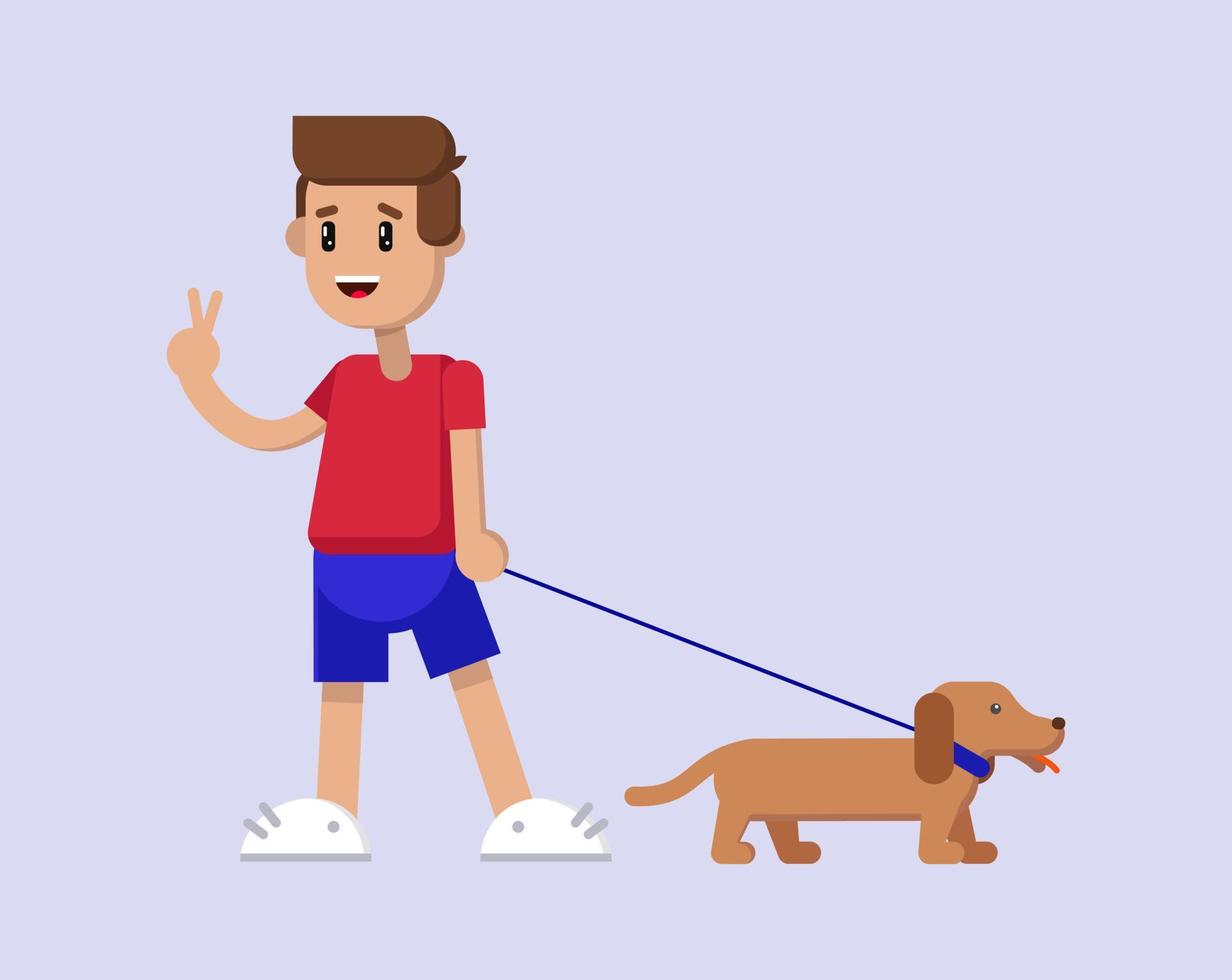 Isolated guy in a red T-shirt and blue shorts with a dachshund dog on a leash. Shows with his hand Victoria and smiles. Flat illustration vector