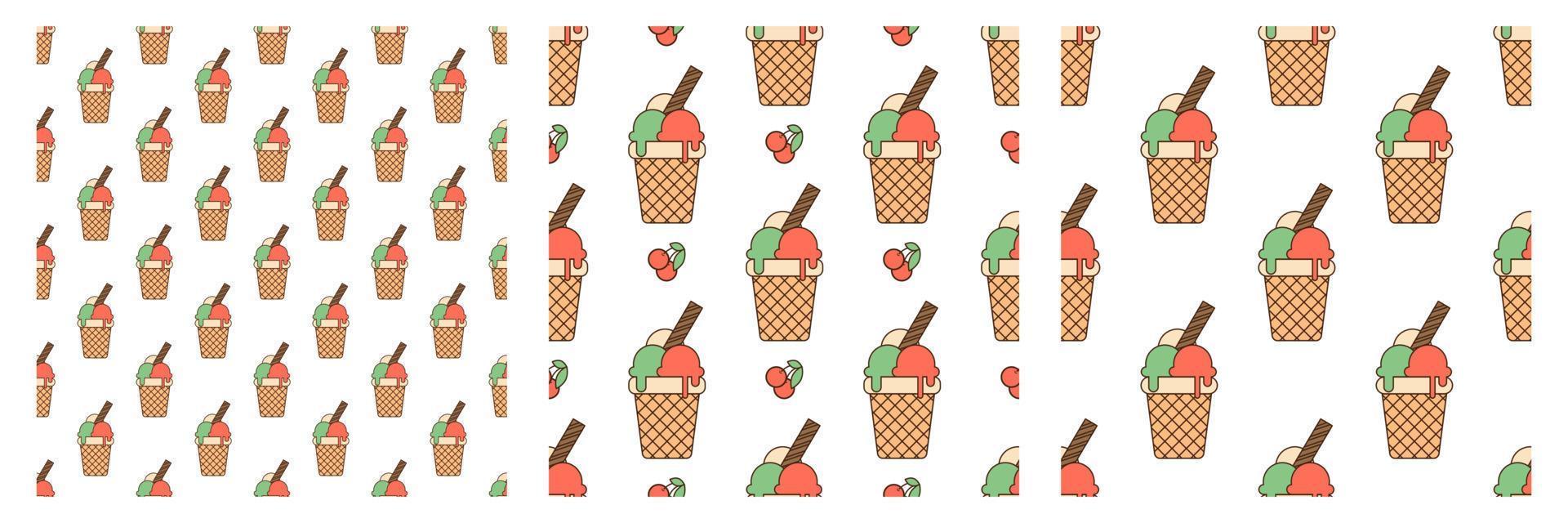 Set of seamless patterns with colored ice cream balls in waffle cup and berries on a white background. vector