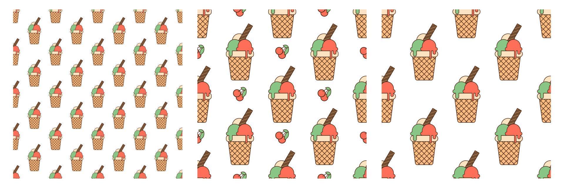 conjunto de patrones sin fisuras con bolas de helado de colores en taza de gofre y bayas sobre un fondo blanco. vector