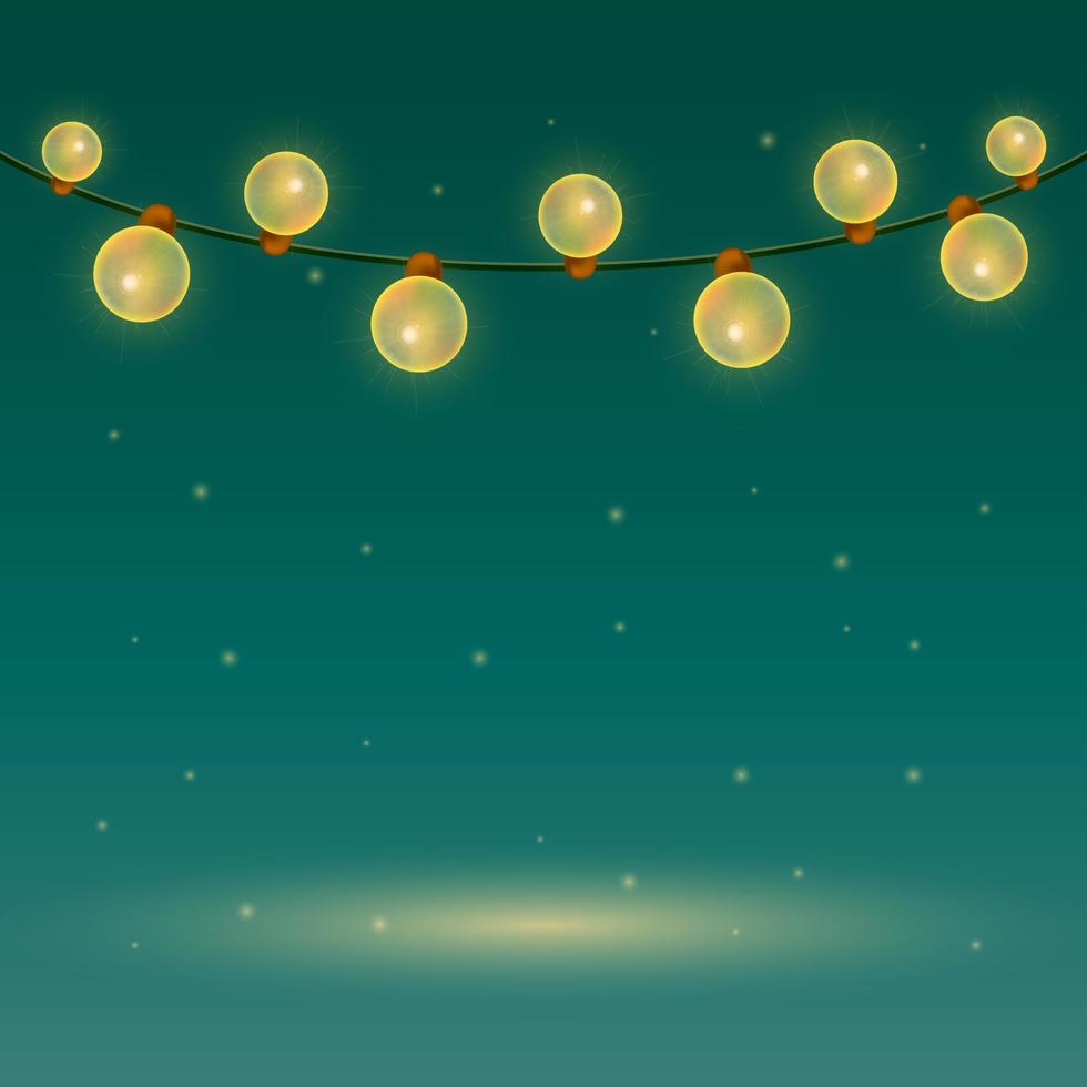 Christmas garland on a green background with round bulbs, snow and place for your text. Garland of yellow bulbs. Square background with garland vector