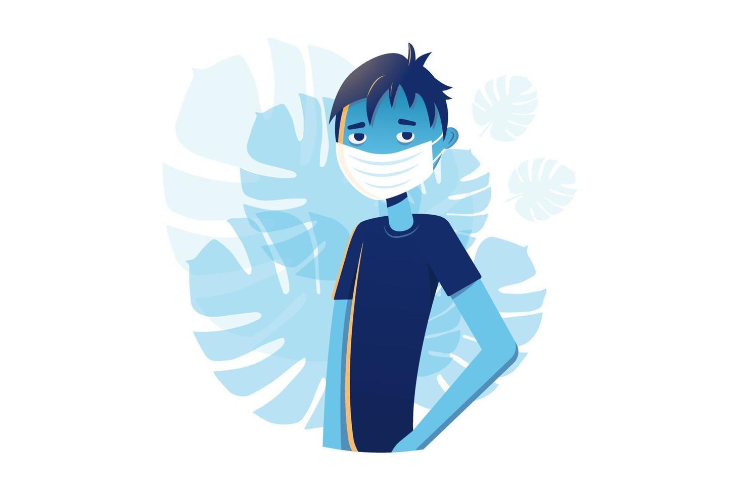 Young man in a medical mask on a background of monstera leaves. The concept of protection against the virus. vector