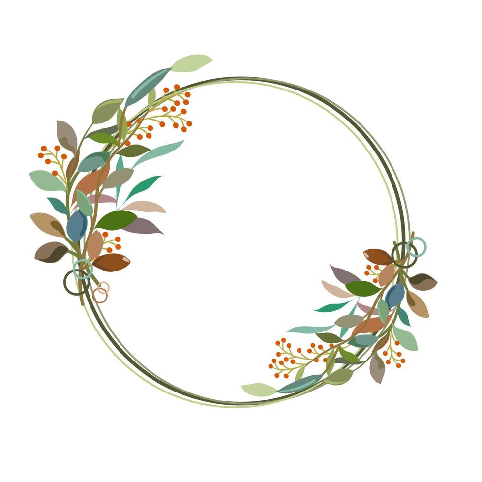 Flora and round twig wreath of wild autumn flower and leaves in fall and autumn season color, flat vector hand drawn image.