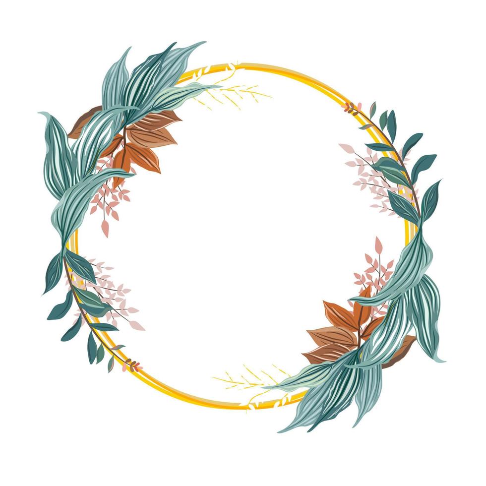 A round wreath of wild autumn flower, white, small flower, topical green leaves and autumn and fall color leaves, flat vector hand drawn image.