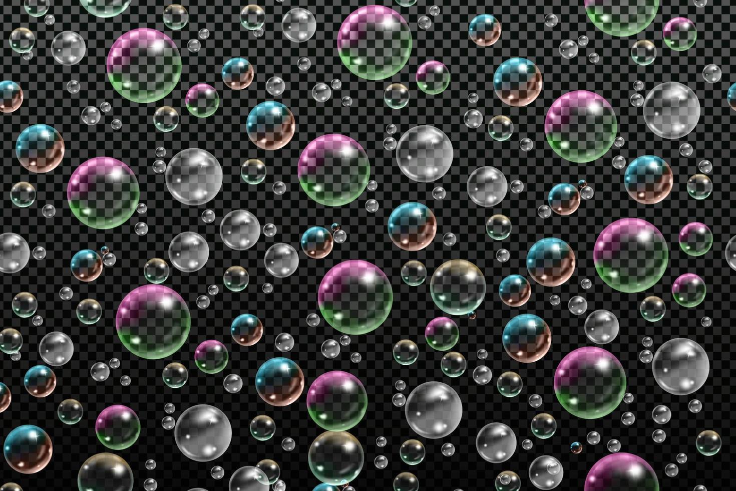 Set of transparent soap bubbles on checkered background.Reaistic colored balls.Vector texture. vector