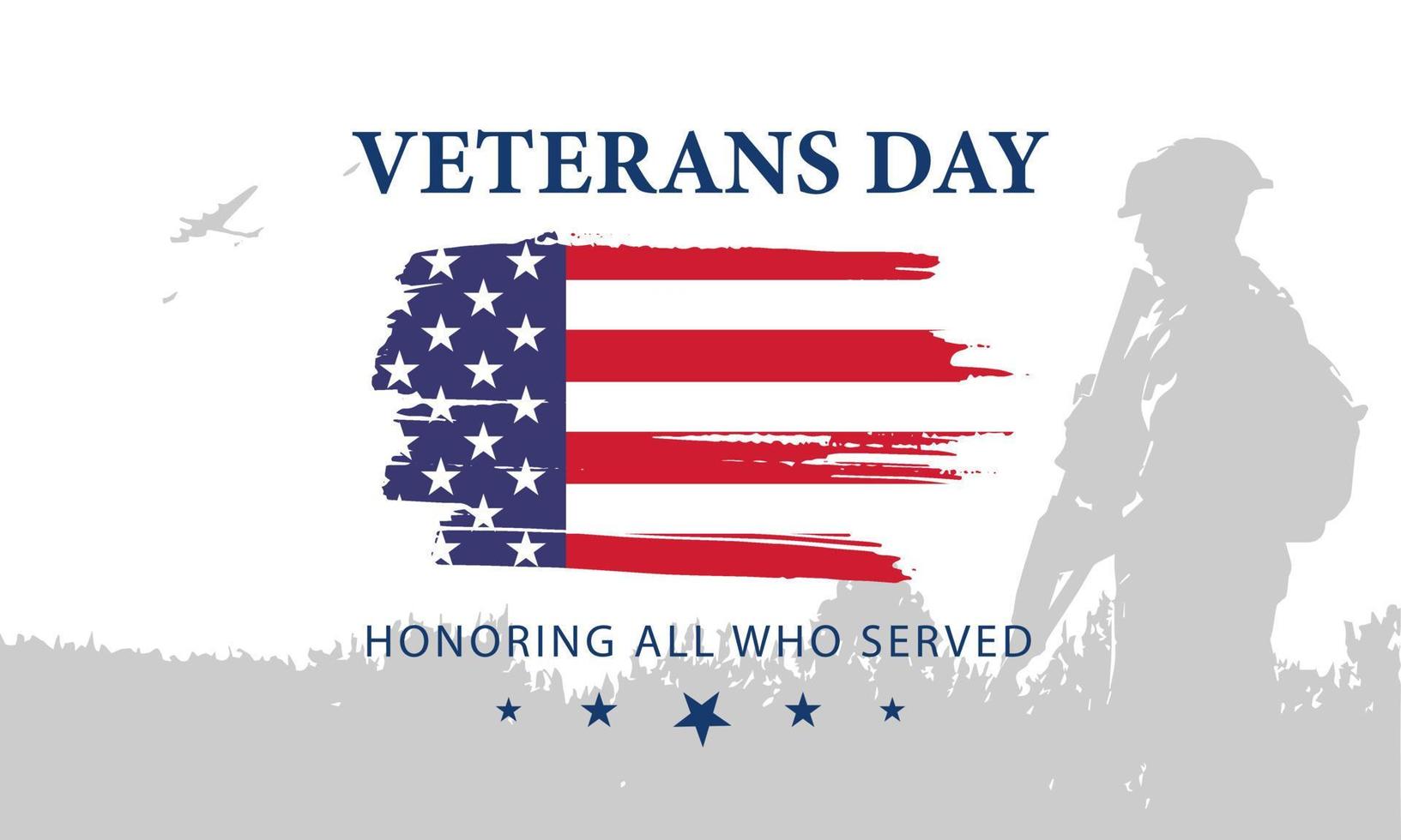 cartel del día del veterano honrando a todos los que sirvieron. ilustración del día de los veteranos con bandera americana y soldados vector