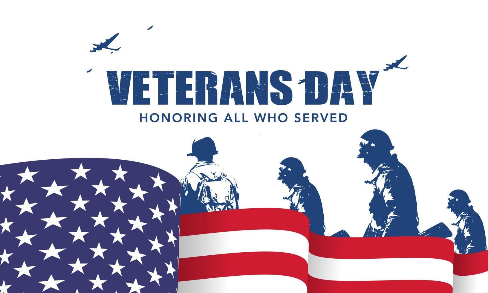 Veteran's day poster.Honoring all who served. Veteran's day illustration with american flag and soldiers vector