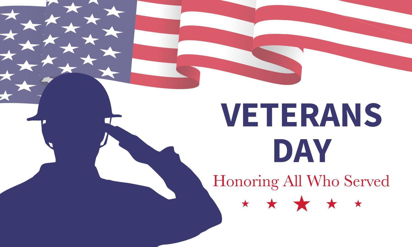 cartel del día del veterano honrando a todos los que sirvieron. ilustración del día de los veteranos con bandera americana y soldados vector