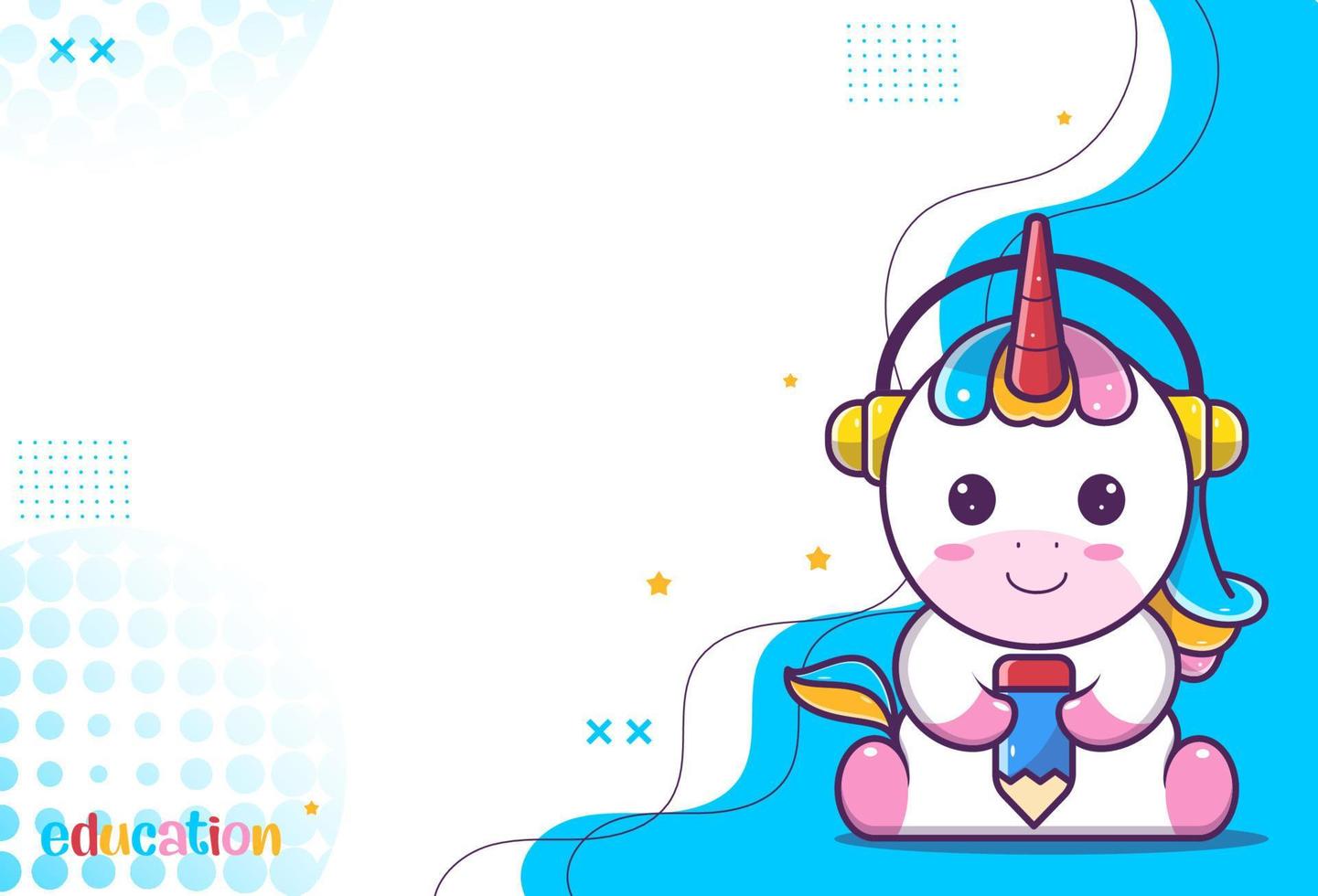 lindo fondo de lindo personaje de unicornio, unicornio con lápiz y auriculares, adecuado para redes sociales y publicaciones de negocios. pasos vectoriales 10 vector