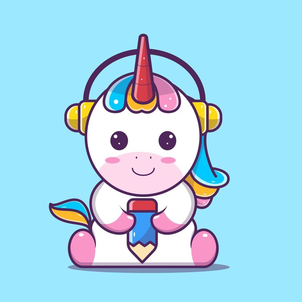 lindo unicornio sosteniendo lápiz y auriculares, vector eps 10