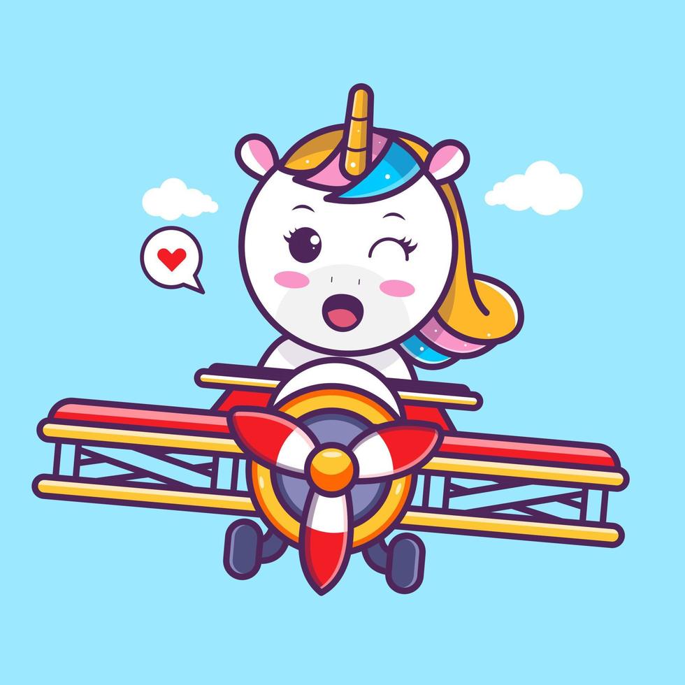 cute unicorn driving red plane on cloud, vector eps 10