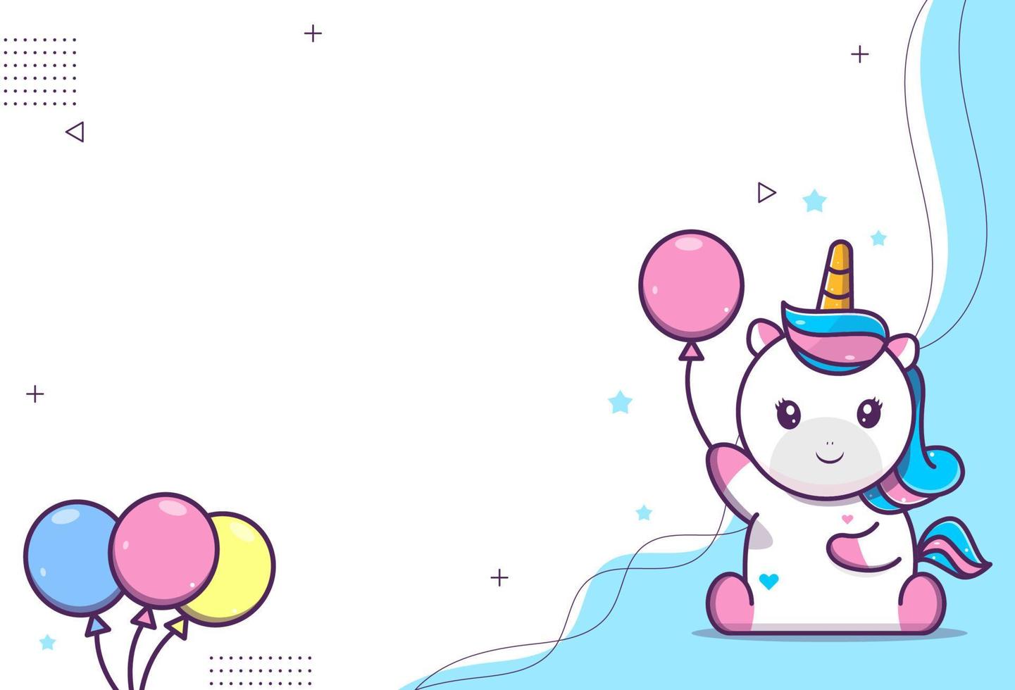 lindo fondo de lindo personaje de unicornio, unicornio sosteniendo un globo mientras está sentado, adecuado para medios sociales y publicaciones de negocios vector eps 10