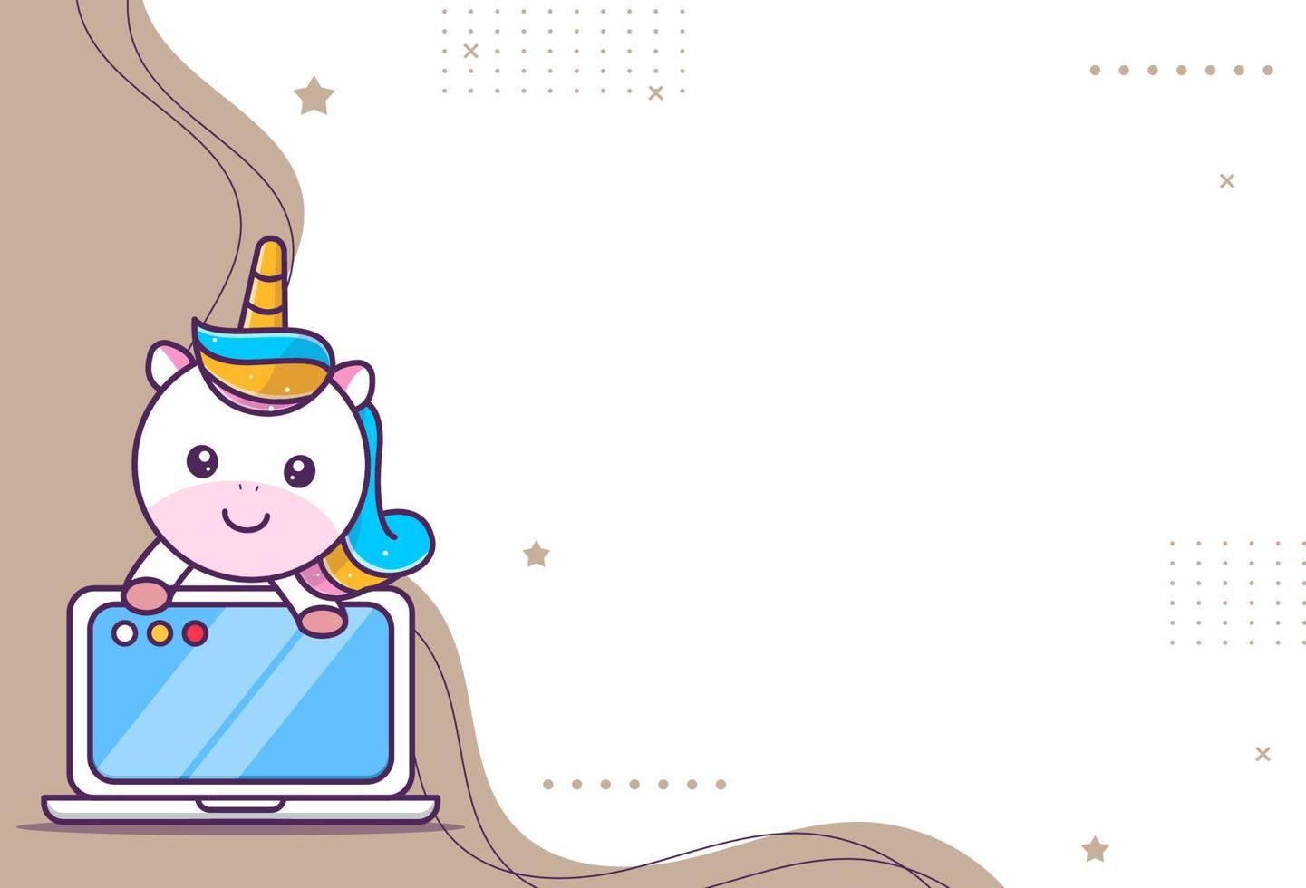 lindo fondo de lindo personaje de unicornio, unicornio detrás de la computadora portátil, adecuado para redes sociales y publicaciones comerciales. pasos vectoriales 10 vector