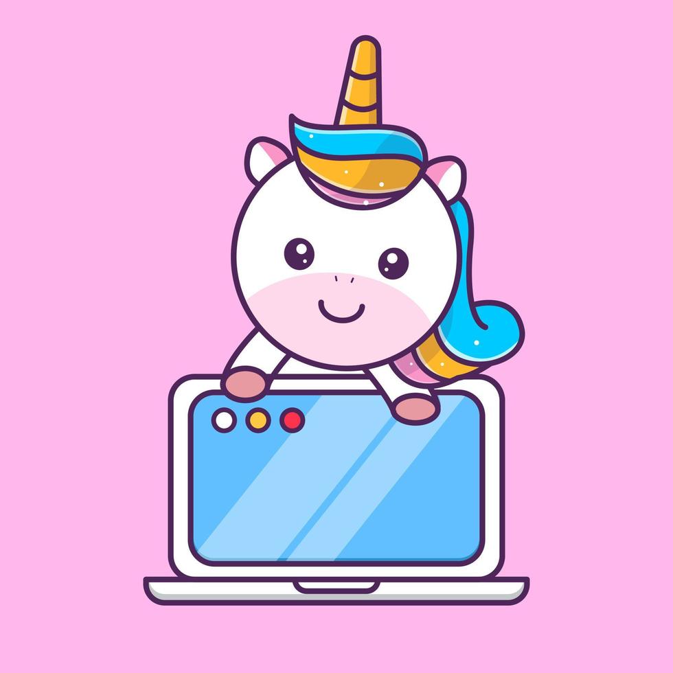 cute unicorn behind laptop, vector eps 10