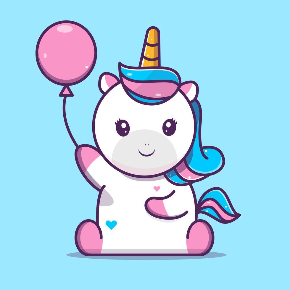 lindo unicornio sosteniendo globo mientras está sentado, vector eps 10