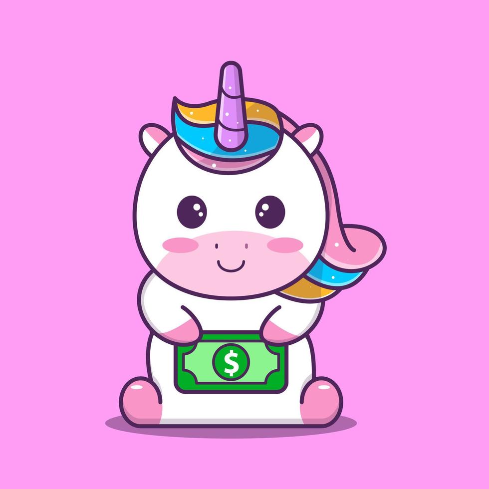 cute unicorn holding dollar bill, vector eps 10
