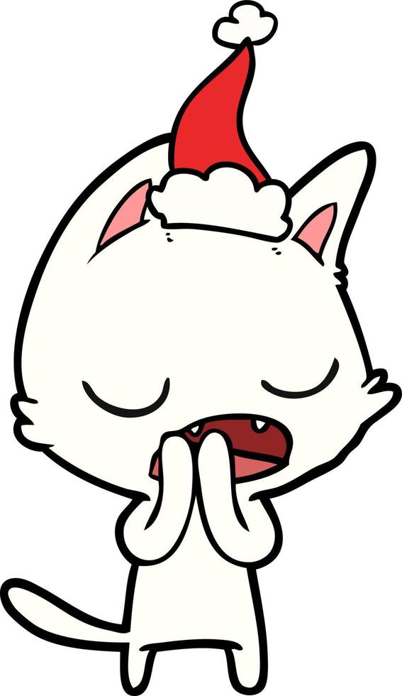 talking cat line drawing of a wearing santa hat vector