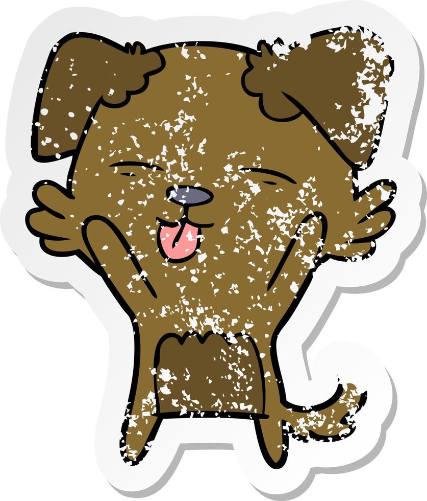 distressed sticker of a cartoon dog sticking out tongue vector