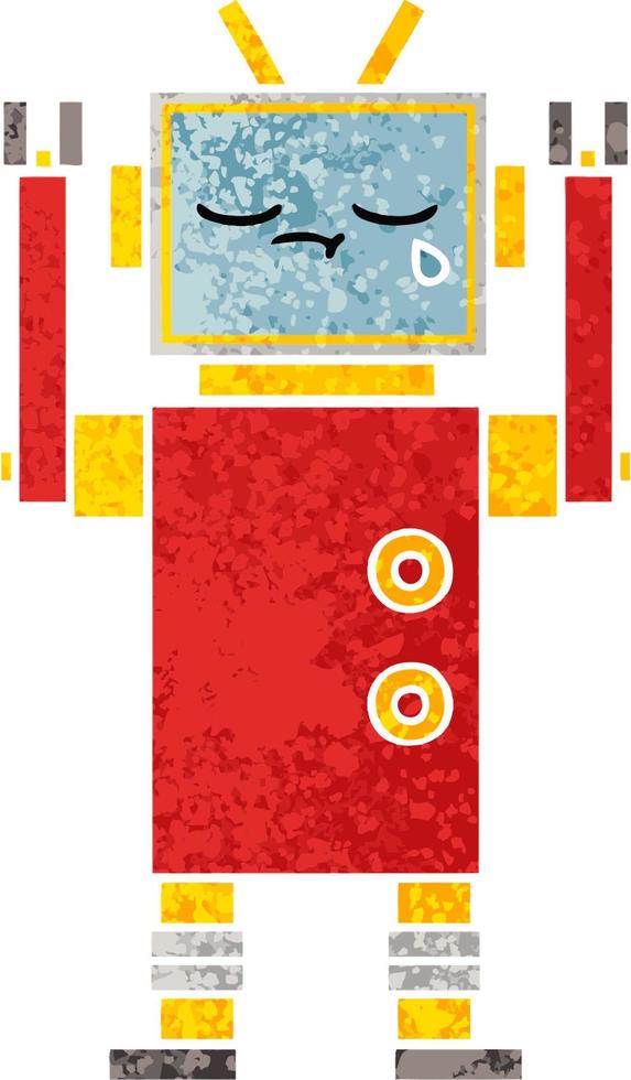 retro illustration style cartoon crying robot vector