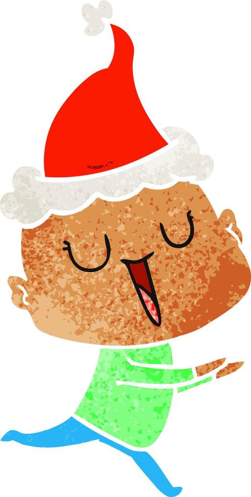 happy retro cartoon of a bald man wearing santa hat vector