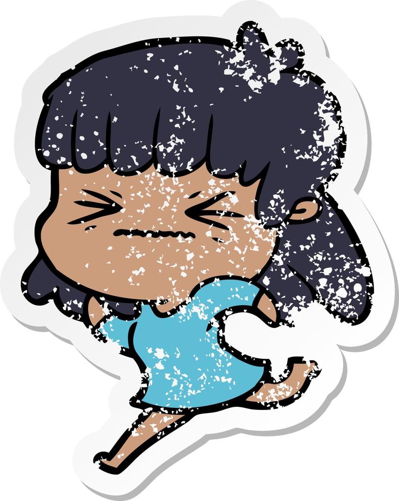 distressed sticker of a cartoon angry girl vector