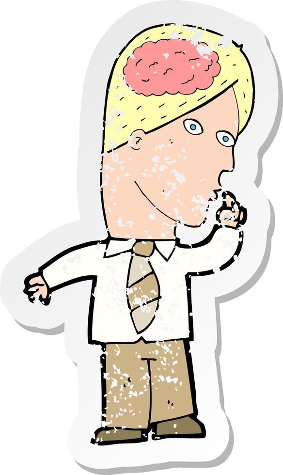 retro distressed sticker of a cartoon businessman with huge brain vector