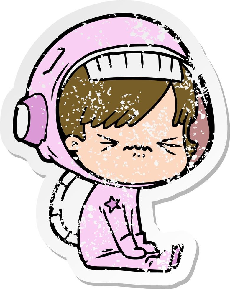 distressed sticker of a angry cartoon space girl vector