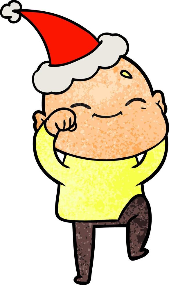 happy textured cartoon of a bald man wearing santa hat vector