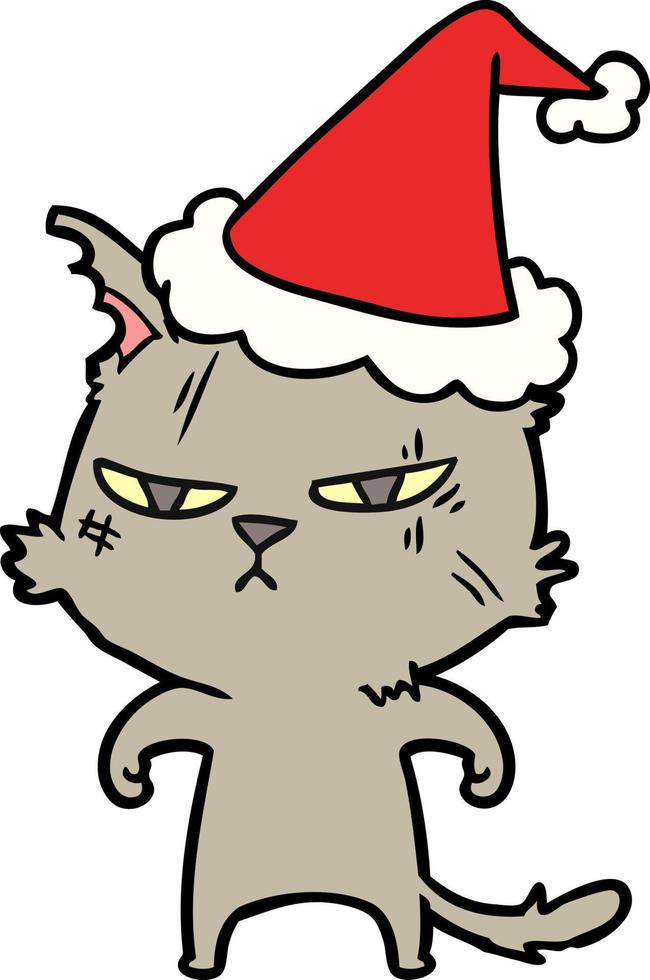 tough line drawing of a cat wearing santa hat vector